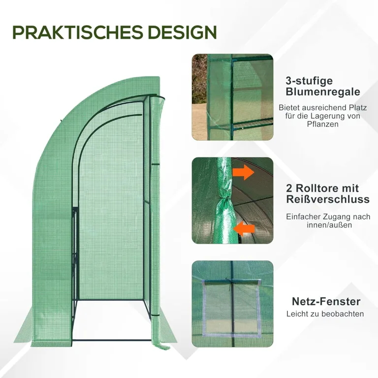 Outsunny Foliengewächshaus Tomatengewächshaus mit Mesh Fenster, Treibhaus mit aufrollbaren Türen, Anzuchthaus mit UV Schutz, Grün, 200 x 100 x 215 cm – Bild 5