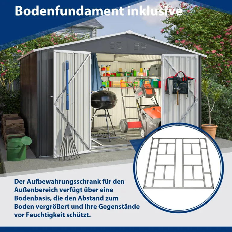 Thanaddo Gerätehaus Metall Groß Geräteschuppen 300x250x191 cm mit Fundamentrahmen, Wetterfest Gartenhaus mit Belüftungslöcher & Abschließbarer Tür, Gartenschuppen für Outdoor Garten, Schwarz – Bild 3