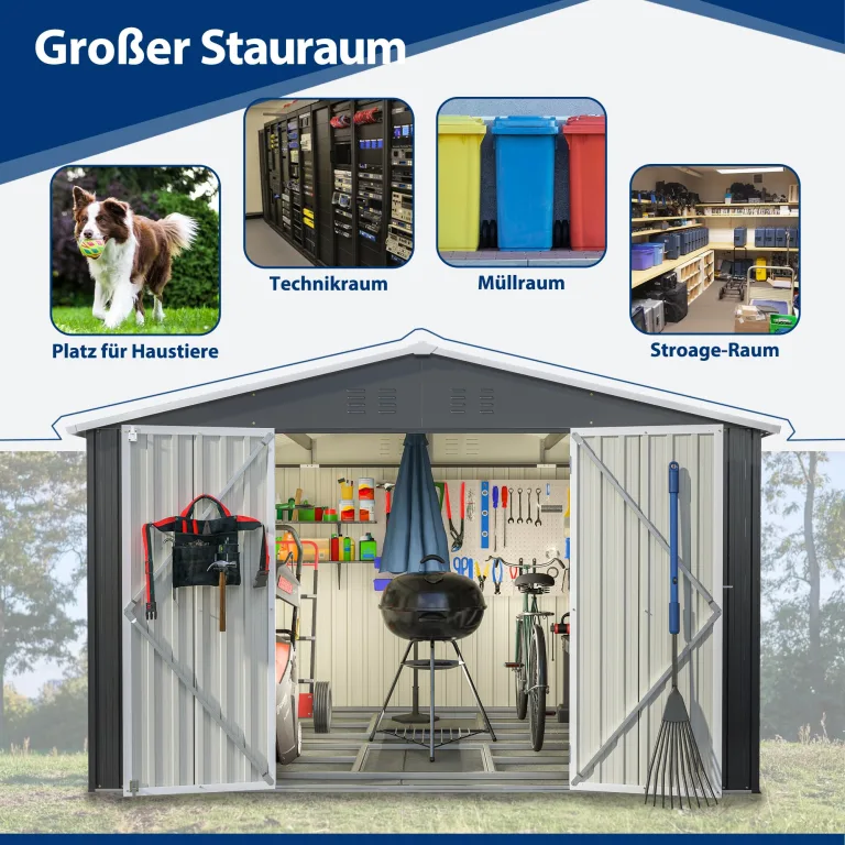 Thanaddo Gerätehaus Metall Groß Geräteschuppen 300x250x191 cm mit Fundamentrahmen, Wetterfest Gartenhaus mit Belüftungslöcher & Abschließbarer Tür, Gartenschuppen für Outdoor Garten, Schwarz – Bild 8