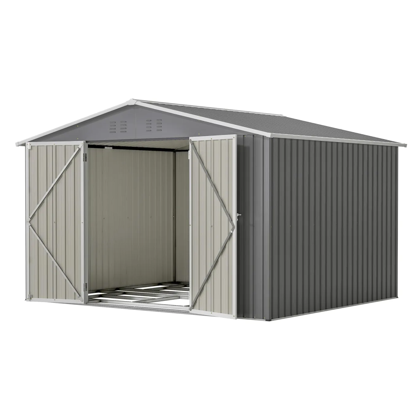 Thanaddo 8×10ft Gerätehaus Metall Groß Geräteschuppen 300x250x191 cm mit Fundamentrahmen, Gartenhaus Satteldach mit Belüftungslöcher & Abschließbarer Tür, Gartenschuppen für Outdoor Garten, Grau - Bild 1