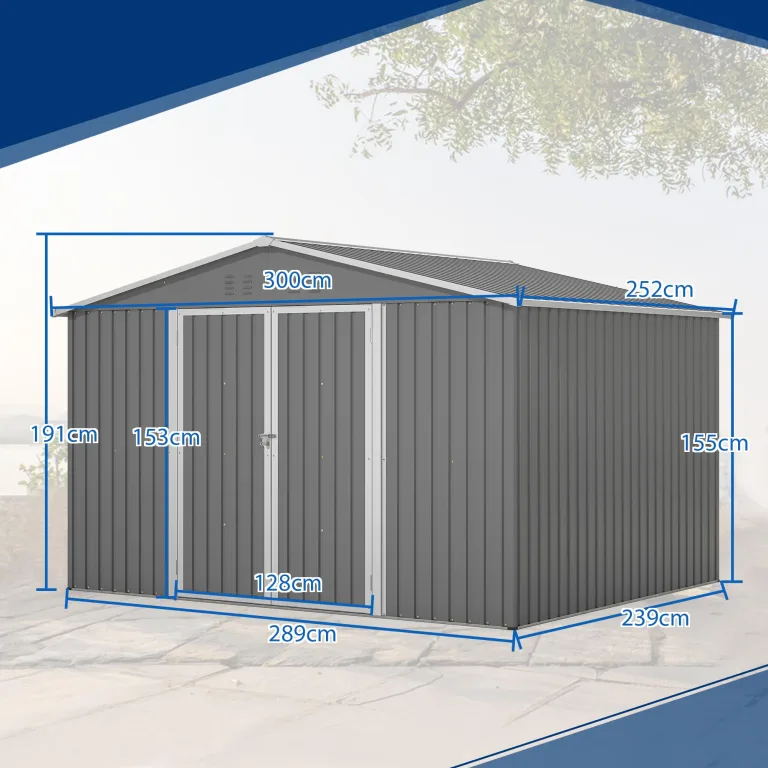 Thanaddo 8×10ft Gerätehaus Metall Groß Geräteschuppen 300x250x191 cm mit Fundamentrahmen, Gartenhaus Satteldach mit Belüftungslöcher & Abschließbarer Tür, Gartenschuppen für Outdoor Garten, Grau – Bild 4
