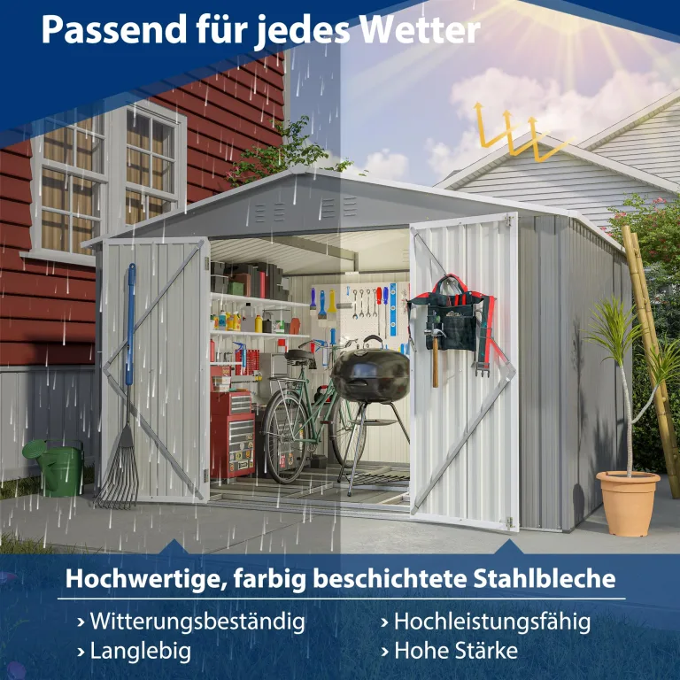 Thanaddo 8×10ft Gerätehaus Metall Groß Geräteschuppen 300x250x191 cm mit Fundamentrahmen, Gartenhaus Satteldach mit Belüftungslöcher & Abschließbarer Tür, Gartenschuppen für Outdoor Garten, Grau – Bild 6