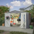Thanaddo 8×10ft Gerätehaus Metall Groß Geräteschuppen 300x250x191 cm mit Fundamentrahmen, Gartenhaus Satteldach mit Belüftungslöcher & Abschließbarer Tür, Gartenschuppen für Outdoor Garten, Grau - Thumbnail 7