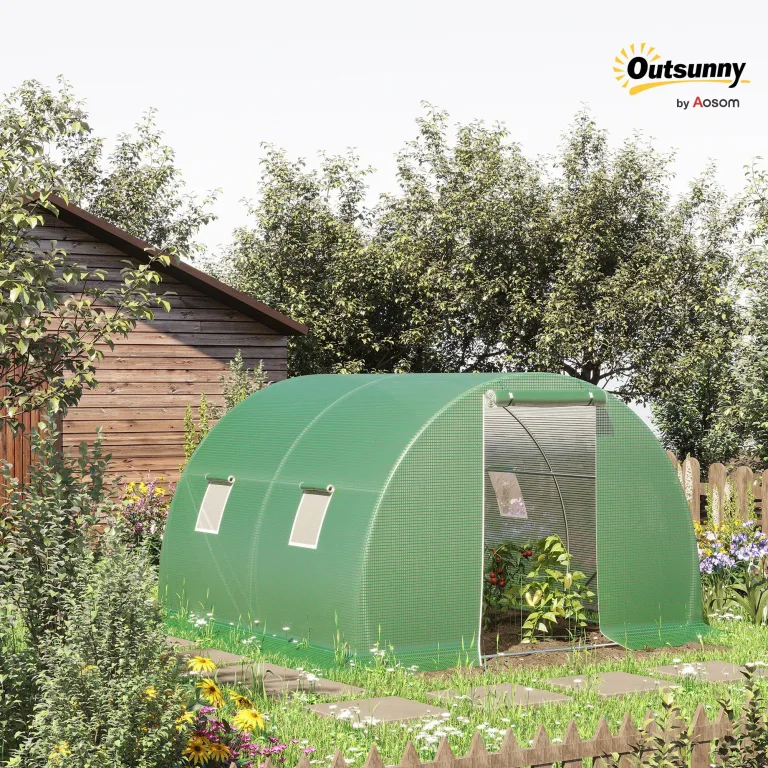 Outsunny Foliengewächshaus begehbares Polytunnel 3 x 3 m Gewächshaus mit 4 Fenster Treibhaus Frostschutz Stahlrohr Dunkelgrün – Bild 2