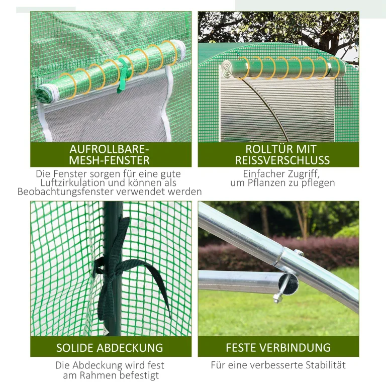 Outsunny Foliengewächshaus begehbares Polytunnel 3 x 3 m Gewächshaus mit 4 Fenster Treibhaus Frostschutz Stahlrohr Dunkelgrün – Bild 5