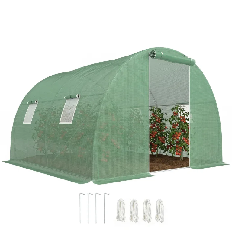 Outsunny Foliengewächshaus begehbares Polytunnel 3 x 3 m Gewächshaus mit 4 Fenster Treibhaus Frostschutz Stahlrohr Dunkelgrün – Bild 1
