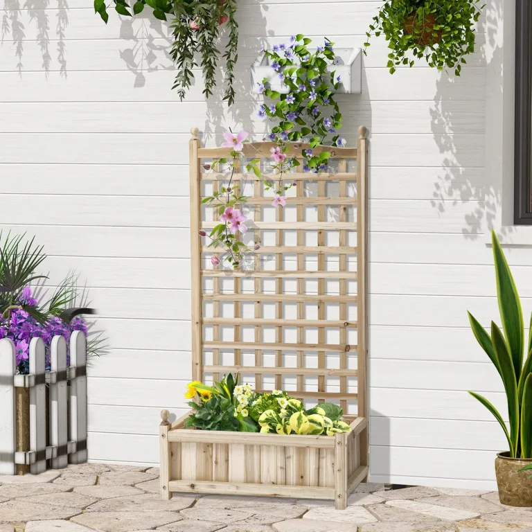 Outsunny Hochbeet Pflanzkasten mit Rankgitter Blumenkasten Rankkasten Rosenbogen mit Rankhilfe für Kletterpflanzen Garten Holz Natur 64 x 28 x 120 cm – Bild 2