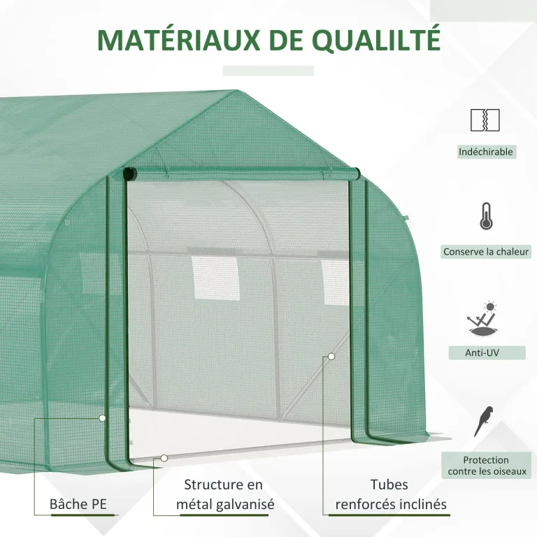 Outsunny Tunnel-Gewächshaus Groß 3.5 x 3 x 2 m - 6 Fenster und Reißverschlusstür - Verzinkter Stahl PE Hohe Dichte Grün – Bild 3