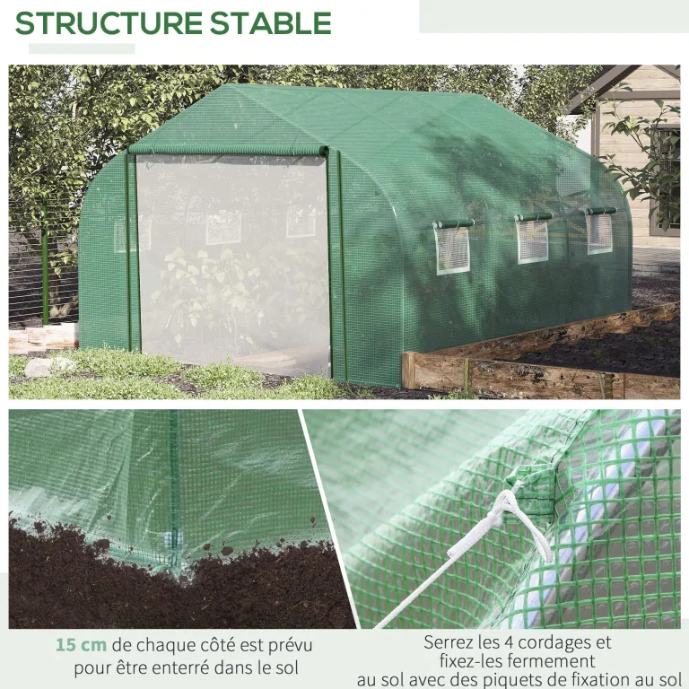 Outsunny Tunnel-Gewächshaus Groß 3.5 x 3 x 2 m - 6 Fenster und Reißverschlusstür - Verzinkter Stahl PE Hohe Dichte Grün – Bild 5