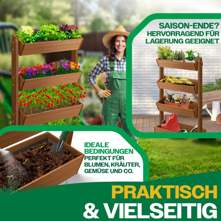 KESSER® Hochbeet mit 4 Etagen Premium Blumenkasten Blumentreppe Pflanztreppe Gemüsebeet Kräuterbeet Pflanzkübel Frühbeet Blumenbeet Pflanzkasten mit Gartenvlies - Beet inkl. Schaufelset, Braun – Bild 4