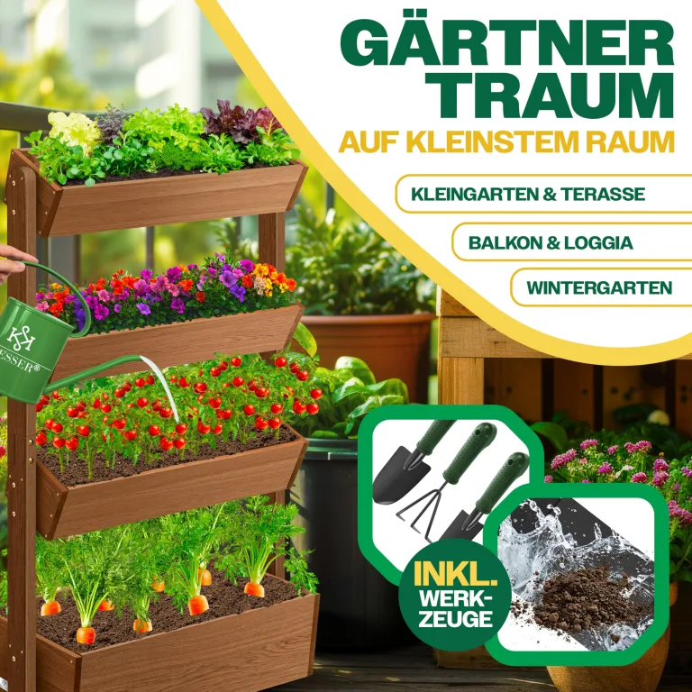 KESSER® Hochbeet mit 4 Etagen Premium Blumenkasten Blumentreppe Pflanztreppe Gemüsebeet Kräuterbeet Pflanzkübel Frühbeet Blumenbeet Pflanzkasten mit Gartenvlies - Beet inkl. Schaufelset, Braun – Bild 7