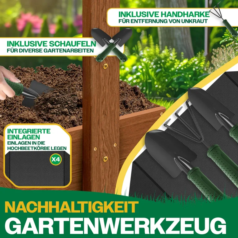 KESSER® Hochbeet mit 4 Etagen Premium Blumenkasten Blumentreppe Pflanztreppe Gemüsebeet Kräuterbeet Pflanzkübel Frühbeet Blumenbeet Pflanzkasten mit Gartenvlies - Beet inkl. Schaufelset, Braun – Bild 8