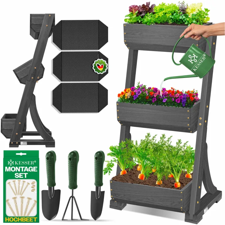 KESSER® Hochbeet mit 4 Etagen Premium Blumenkasten Blumentreppe Pflanztreppe Gemüsebeet Kräuterbeet Pflanzkübel Frühbeet Blumenbeet Pflanzkasten mit Gartenvlies - Beet inkl. Schaufelset, Braun – Bild 10