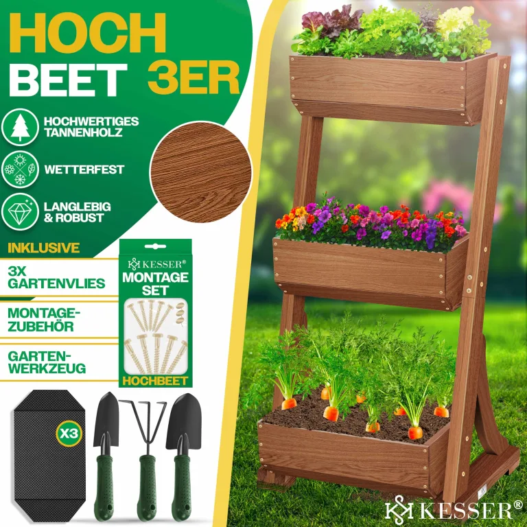KESSER® Hochbeet mit 3 Etagen Premium Blumenkasten Blumentreppe Pflanztreppe Gemüsebeet Kräuterbeet Pflanzkübel Frühbeet Blumenbeet Pflanzkasten mit Gartenvlies - Beet inkl. Schaufelset, Braun – Bild 2