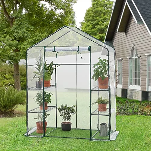 [en.casa] Gewächshaus Hoorn Tomatengewächshaus 140 x 73 x 195 cm Foliengewächshaus mit Ablagen Satteldach Treibhaus mit aufrollbarer Tür Stahlrahmen Transparent – Bild 9