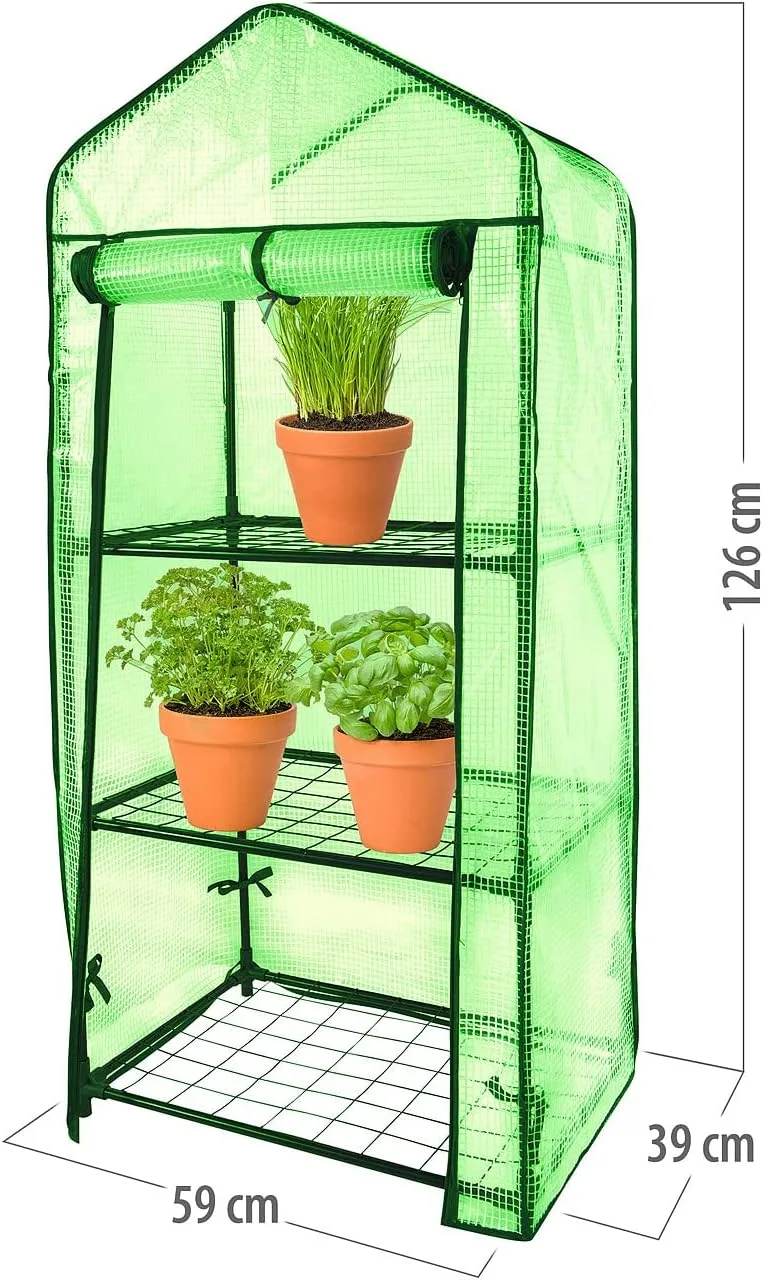 Royal Gardineer Balkongewächshaus Folie: Folien-Gewächshaus, 4 Etagen, aufrollbare Tür, 69 x 160 x 49 cm, grün (Mini Gewächshaus Folie, Ablage, Insektenschutz) – Bild 2