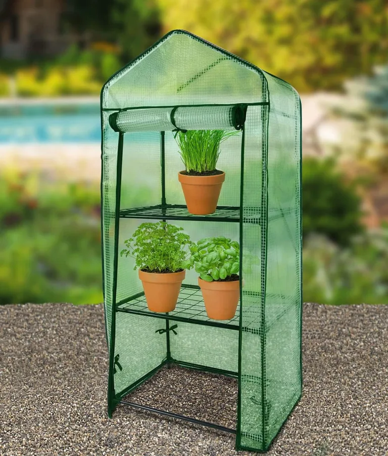 Royal Gardineer Balkongewächshaus Folie: Folien-Gewächshaus, 4 Etagen, aufrollbare Tür, 69 x 160 x 49 cm, grün (Mini Gewächshaus Folie, Ablage, Insektenschutz) – Bild 4