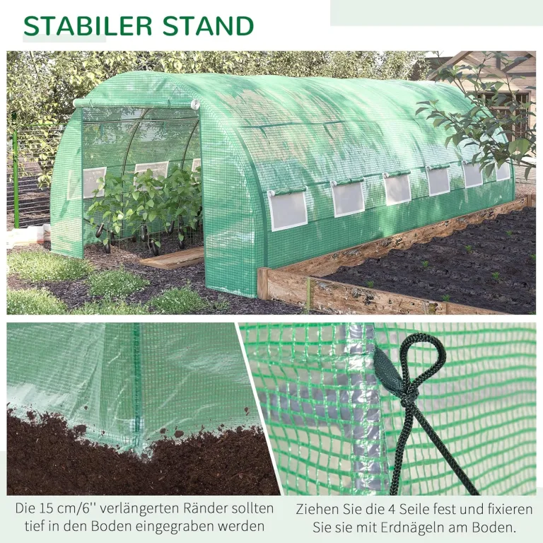Outsunny Foliengewächshaus Polytunnel 6 x 3 x 2 m begehbares Gewächshaus mit aufrollbar Abdeckungen Folientunnel Treibhaus UV-Schutz Stahlrohr Grün – Bild 7