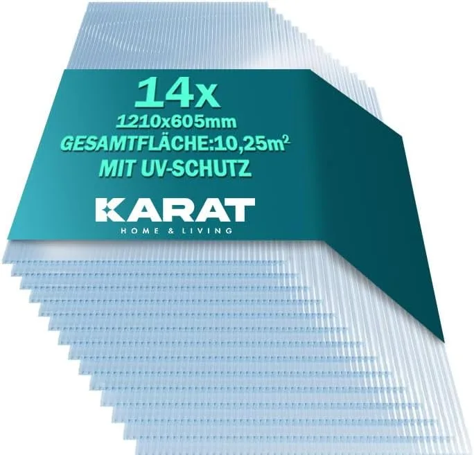 KARAT 10,25 m², Transparent 4 mm, Gewächshaus Stegplatten mit hoher Formbarkeit - 14 Stück - 60,5 x 121 cm - Hohlkammerplatten Doppelstegplatten aus Polycarbonat – Bild 1