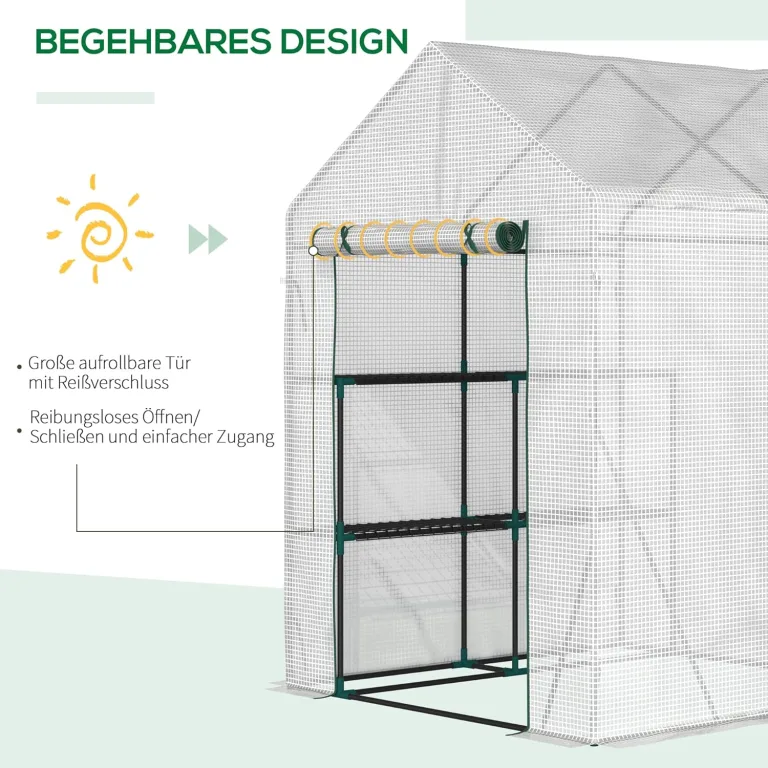 Outsunny Foliengewächshaus begehbares Gewächshaus mit 4 Regalebenen Tomatengewächshaus Treibhaus Frühbeet mit Reißverschlusstüren Weiß Stahl PE-Kunststoff 143 x 143 x 195 cm – Bild 4