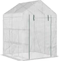Outsunny Foliengewächshaus begehbares Gewächshaus mit 4 Regalebenen Tomatengewächshaus Treibhaus Frühbeet mit Reißverschlusstüren Weiß Stahl PE-Kunststoff 143 x 143 x 195 cm - Thumbnail 1