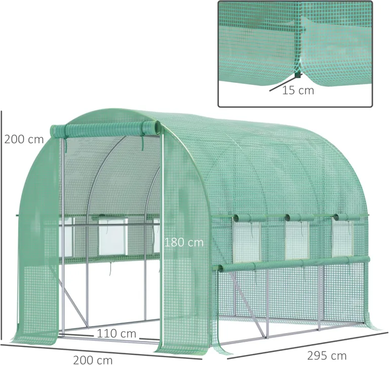 Outsunny Foliengewächshaus, 2,95 x 2 x 2 m Tunnel-Gewächshaus, Treibhaus mit aufrollbarem Fenster, UV-Schutz, Winddichtes Tomatenhaus, für Garten, Balkon, Stahl, Grün – Bild 8