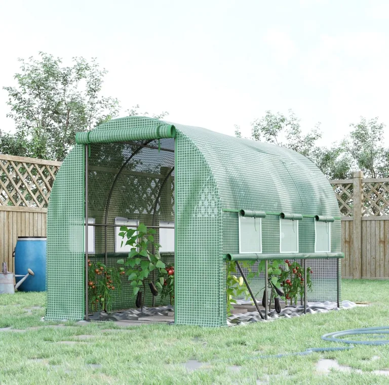 Outsunny Foliengewächshaus, 2,95 x 2 x 2 m Tunnel-Gewächshaus, Treibhaus mit aufrollbarem Fenster, UV-Schutz, Winddichtes Tomatenhaus, für Garten, Balkon, Stahl, Grün – Bild 3