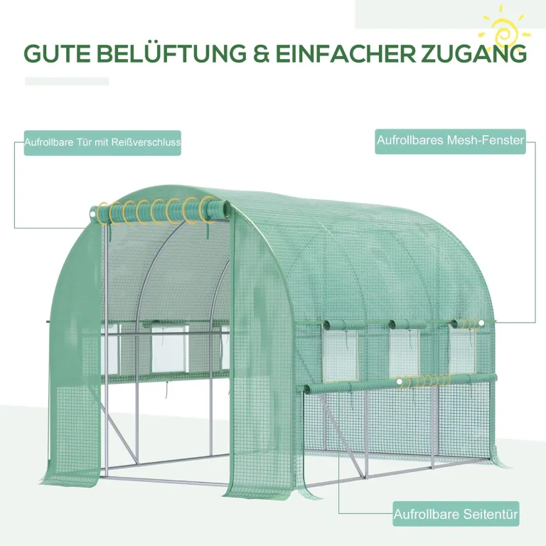 Outsunny Foliengewächshaus, 2,95 x 2 x 2 m Tunnel-Gewächshaus, Treibhaus mit aufrollbarem Fenster, UV-Schutz, Winddichtes Tomatenhaus, für Garten, Balkon, Stahl, Grün – Bild 4
