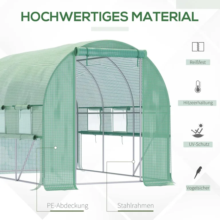 Outsunny Foliengewächshaus, 2,95 x 2 x 2 m Tunnel-Gewächshaus, Treibhaus mit aufrollbarem Fenster, UV-Schutz, Winddichtes Tomatenhaus, für Garten, Balkon, Stahl, Grün – Bild 5