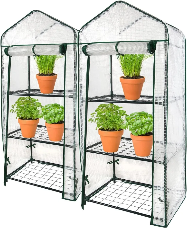 Royal Gardineer Gewächshaus Regale: 2er-Set Folien-Gewächshäuser, 3 Etagen, Aufroll-Tür, 59x126x39cm, weiß (Pflanzenregal, Foliengewächshaus Tomaten, Insektenschutz) – Bild 1