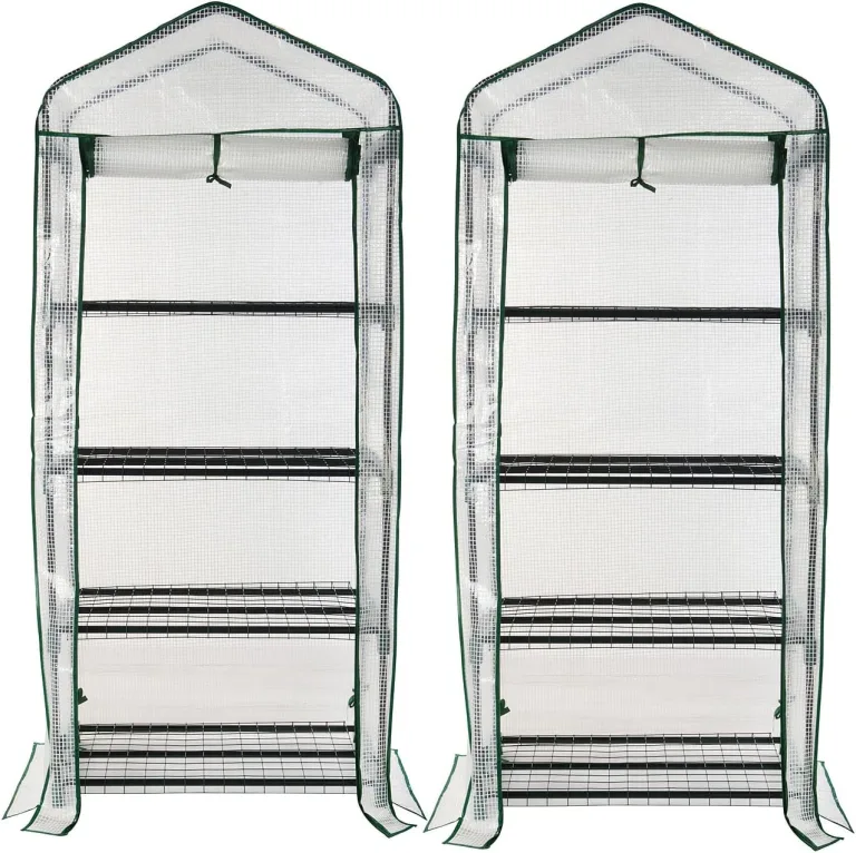 Royal Gardineer Gewächshaus für Balkon: 2er-Set Folien-Gewächshäuser, 4 Etagen, Aufroll-Tür, 69x160x49cm, weiß (Pflanzenhäuser, Kleingewächshaus, Insektenschutz)
