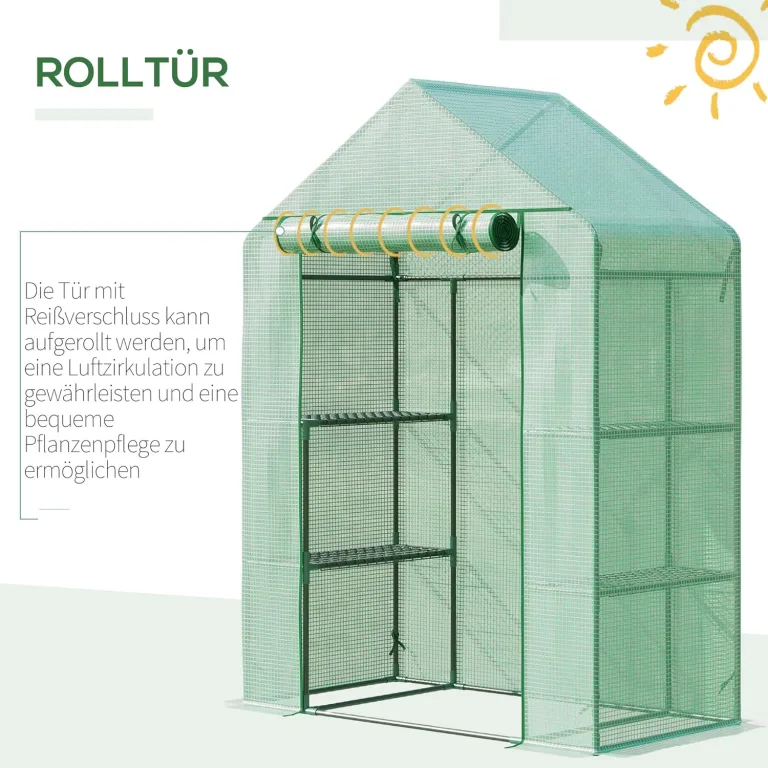 Outsunny Foliengewächshaus Gewächshaus mit 6 Regalebenen begehbares Gartenhäuschen Treibhaus Tomatenhaus Pflanzenhaus mit aufrollbarem Eingang Frühbeet Grün 141 x 72 x 191 cm – Bild 5
