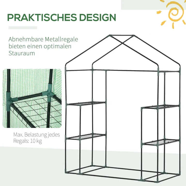 Outsunny Foliengewächshaus Gewächshaus mit 6 Regalebenen begehbares Gartenhäuschen Treibhaus Tomatenhaus Pflanzenhaus mit aufrollbarem Eingang Frühbeet Grün 141 x 72 x 191 cm – Bild 6