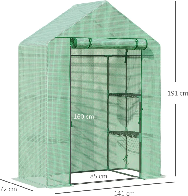 Outsunny Foliengewächshaus Gewächshaus mit 6 Regalebenen begehbares Gartenhäuschen Treibhaus Tomatenhaus Pflanzenhaus mit aufrollbarem Eingang Frühbeet Grün 141 x 72 x 191 cm – Bild 7