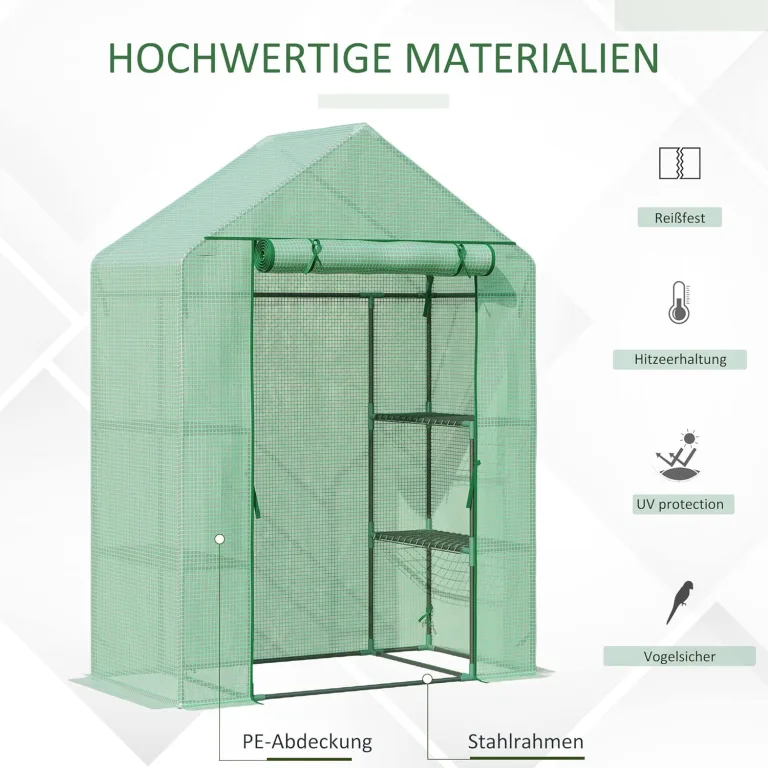 Outsunny Foliengewächshaus Gewächshaus mit 6 Regalebenen begehbares Gartenhäuschen Treibhaus Tomatenhaus Pflanzenhaus mit aufrollbarem Eingang Frühbeet Grün 141 x 72 x 191 cm – Bild 3
