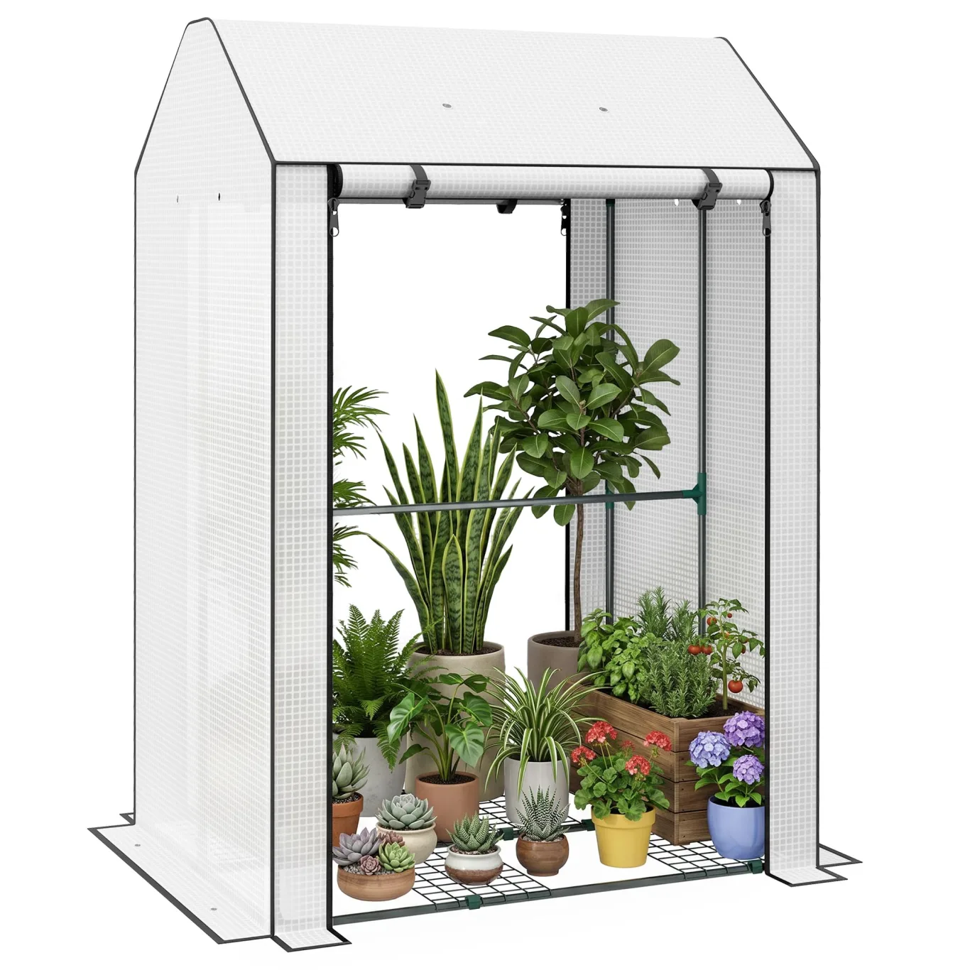 Outsunny Mini-Gewächshaus mit 4 Drahtregalen, tragbares Tomatengewächshaus, verbessertes Garten-Wachstumshaus für Pflanzen mit aufrollbarer Tür und Lüftungsschlitzen, 100 x 80 x 150 cm, Weiß - Bild 1