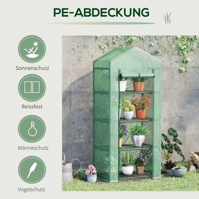 Outsunny Gewächshaus mit Regale Foliengewächshaus mit Rolltor Winterfest Treibhaus Tomatenhaus für Balkon Garten 70 x 50 x 160 cm Tomatengewächshaus für Tomaten Gemüse Blumen Pflanzen Dunkelgrün – Bild 4