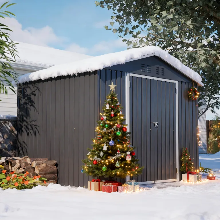 Thanaddo 8×6ft Gerätehaus Metall Groß Geräteschuppen 240x192x191 cm mit Fundamentrahmen, Wetterfest Gartenhaus mit Satteldach & Abschließbarer Tür, Gartenschuppen für Outdoor Garten Hinterhof, Grau – Bild 2