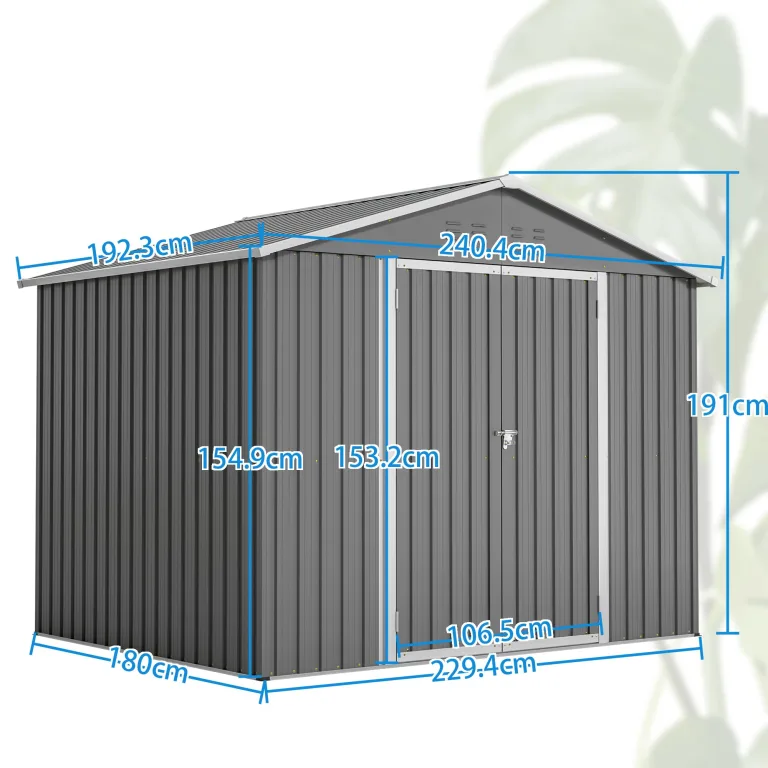 Thanaddo 8×6ft Gerätehaus Metall Groß Geräteschuppen 240x192x191 cm mit Fundamentrahmen, Wetterfest Gartenhaus mit Satteldach & Abschließbarer Tür, Gartenschuppen für Outdoor Garten Hinterhof, Grau – Bild 3