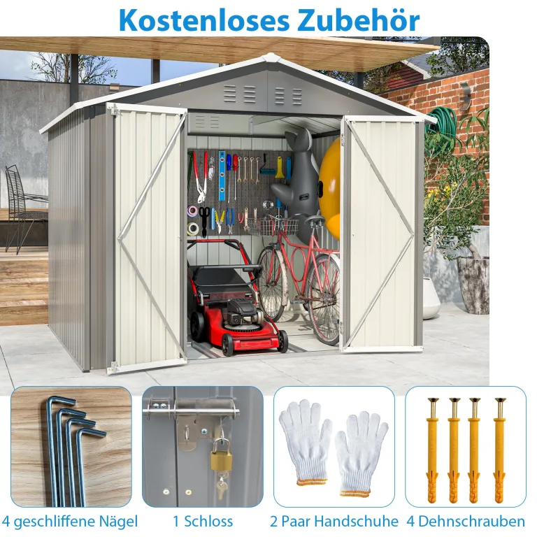 Thanaddo 8×6ft Gerätehaus Metall Groß Geräteschuppen 240x192x191 cm mit Fundamentrahmen, Wetterfest Gartenhaus mit Satteldach & Abschließbarer Tür, Gartenschuppen für Outdoor Garten Hinterhof, Grau – Bild 7