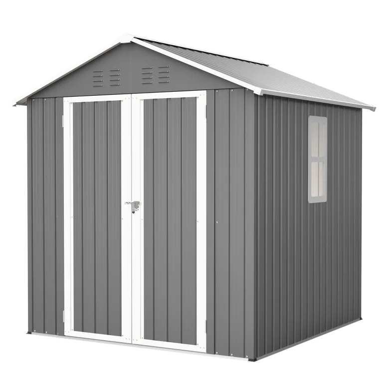 Thanaddo 8×6ft Gerätehaus Metall Groß Geräteschuppen 240x192x191 cm mit Fundamentrahmen, Wetterfest Gartenhaus mit Satteldach & Abschließbarer Tür, Gartenschuppen für Outdoor Garten Hinterhof, Grau – Bild 9