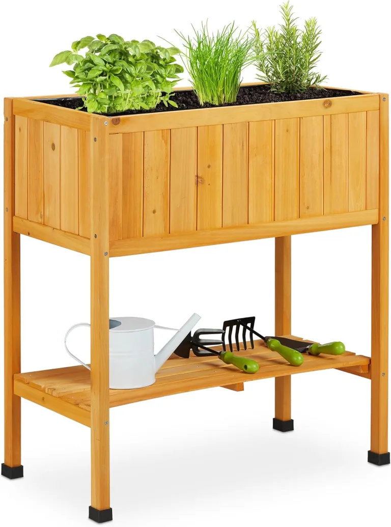 Relaxdays Hochbeet Holz, Pflanzbeet auf Stelzen, HBT: 80,5 x 74 x 38 cm, Garten, Balkon & Terrasse, mit Folie, grau – Bild 10