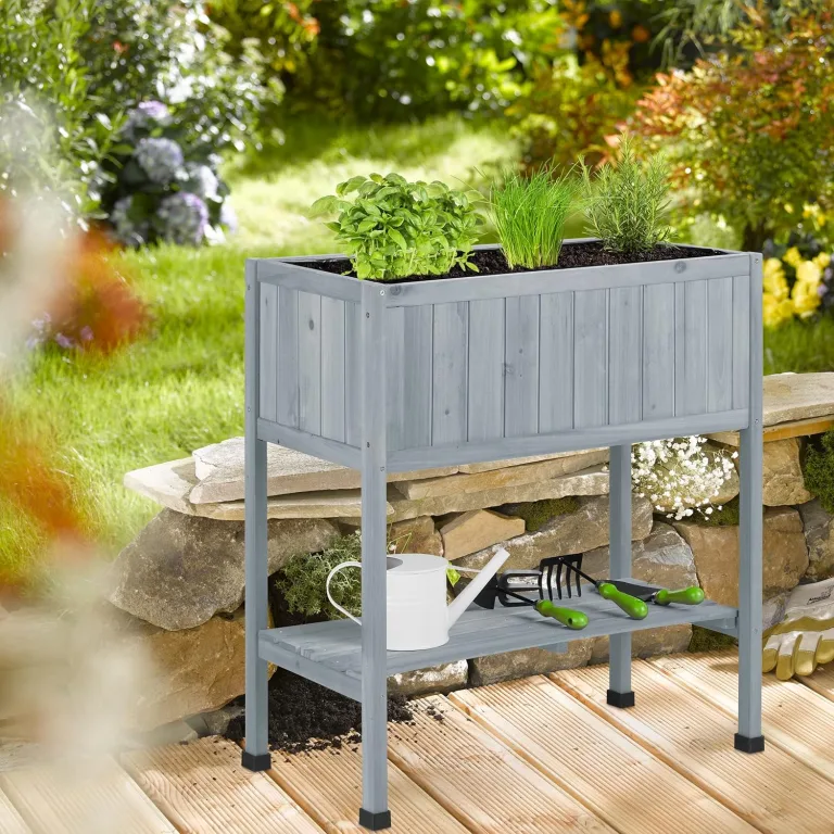Relaxdays Hochbeet Holz, Pflanzbeet auf Stelzen, HBT: 80,5 x 74 x 38 cm, Garten, Balkon & Terrasse, mit Folie, grau – Bild 3