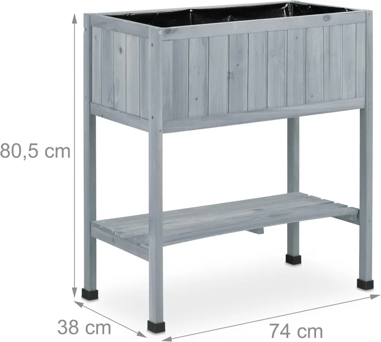 Relaxdays Hochbeet Holz, Pflanzbeet auf Stelzen, HBT: 80,5 x 74 x 38 cm, Garten, Balkon & Terrasse, mit Folie, grau – Bild 5