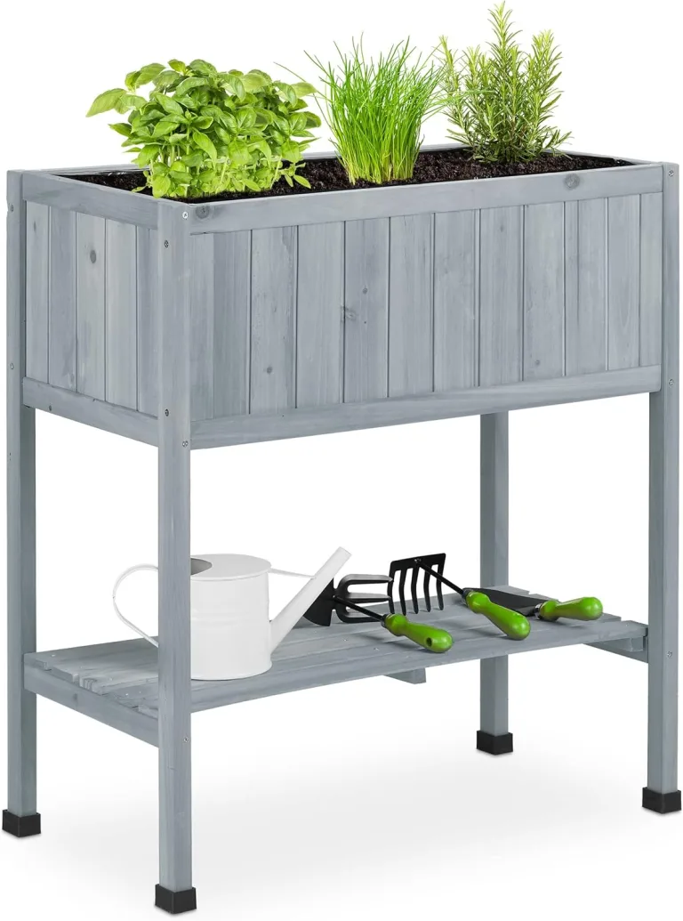 Relaxdays Hochbeet Holz, Pflanzbeet auf Stelzen, HBT: 80,5 x 74 x 38 cm, Garten, Balkon & Terrasse, mit Folie, grau – Bild 1