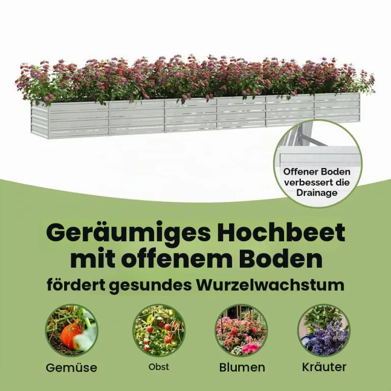 vidaXL Garten Hochbeet Pflanzkasten Pflanzbeet Gemüsebeet Blumenbeet Blumenkasten Frühbeet Gartenbeet Blumenkübel Pflanzkübel 480x80x45cm Verzinkter Stahl Silbern – Bild 6