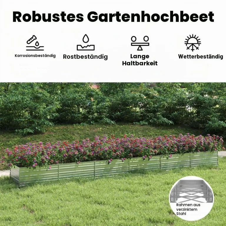 vidaXL Garten Hochbeet Pflanzkasten Pflanzbeet Gemüsebeet Blumenbeet Blumenkasten Frühbeet Gartenbeet Blumenkübel Pflanzkübel 600x80x45cm Verzinkter Stahl Silbern – Bild 5