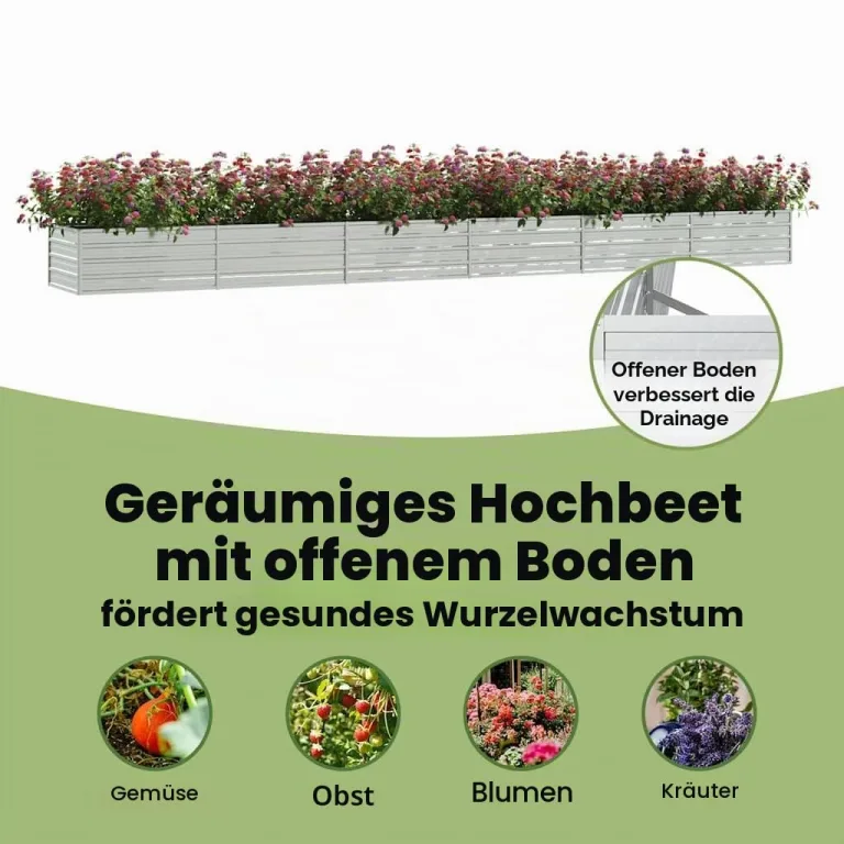 vidaXL Garten Hochbeet Pflanzkasten Pflanzbeet Gemüsebeet Blumenbeet Blumenkasten Frühbeet Gartenbeet Blumenkübel Pflanzkübel 600x80x45cm Verzinkter Stahl Silbern – Bild 6