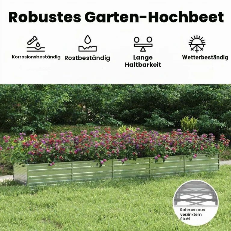 vidaXL Garten Hochbeet Pflanzkasten Pflanzbeet Gemüsebeet Blumenbeet Blumenkasten Frühbeet Gartenbeet Blumenkübel Pflanzkübel 400x80x45cm Verzinkter Stahl Silbern – Bild 4