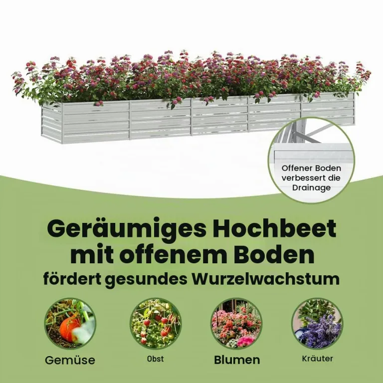 vidaXL Garten Hochbeet Pflanzkasten Pflanzbeet Gemüsebeet Blumenbeet Blumenkasten Frühbeet Gartenbeet Blumenkübel Pflanzkübel 400x80x45cm Verzinkter Stahl Silbern – Bild 5